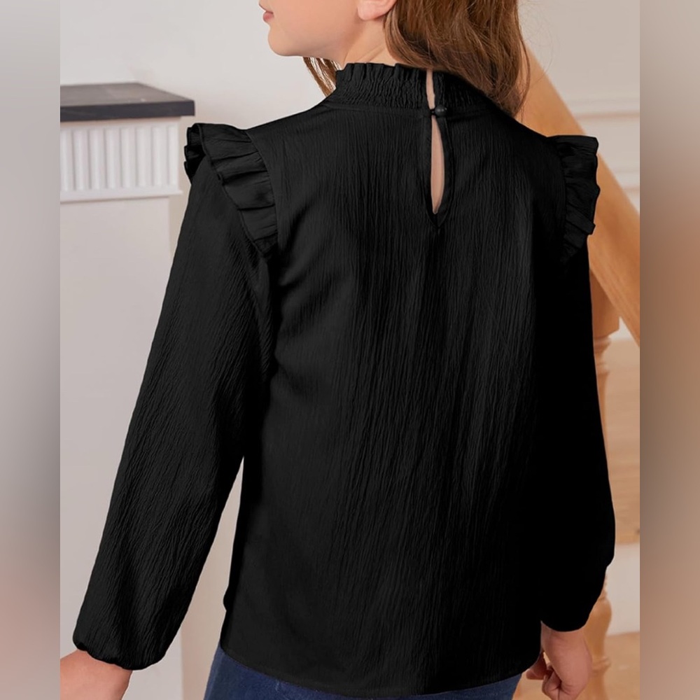 Black Smocked Ruffle Blouse Lightweight Long Sleeve Top High Neck Flowy - Picture 3 of 8